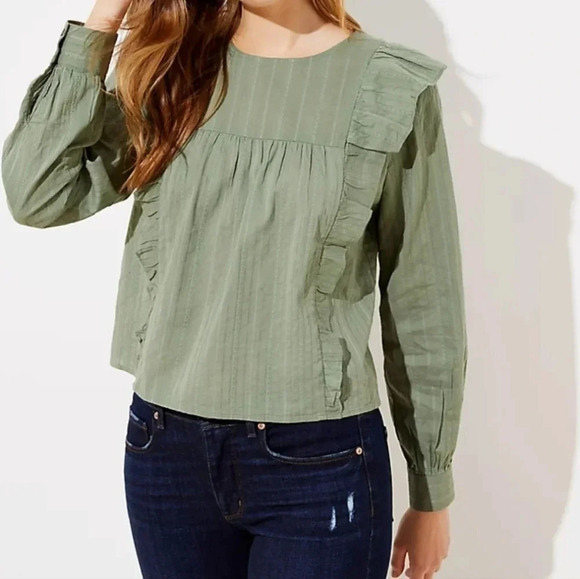 Loft Ruffle Cropped Blouse, Color Olive Green Size L - Picture 1 of 16